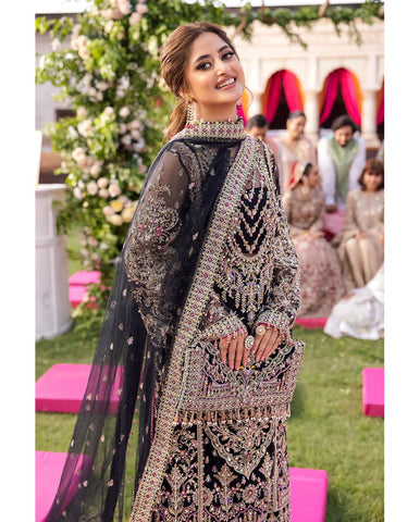 3 PC's Fancy Unstitched Suit - Sajal Black