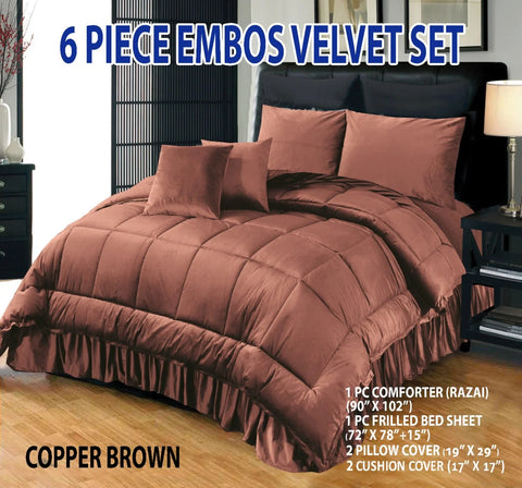 Wedding Embossed Velvet Frill Duvet, 6 Pieces (Razai)- Copper Brown
