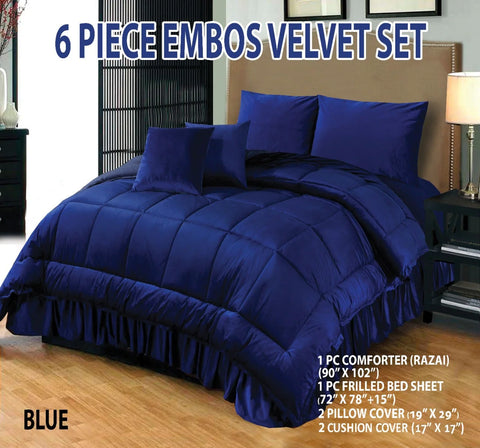 Wedding Embossed Velvet Frill Duvet, 6 Pieces (Razai)- Blue