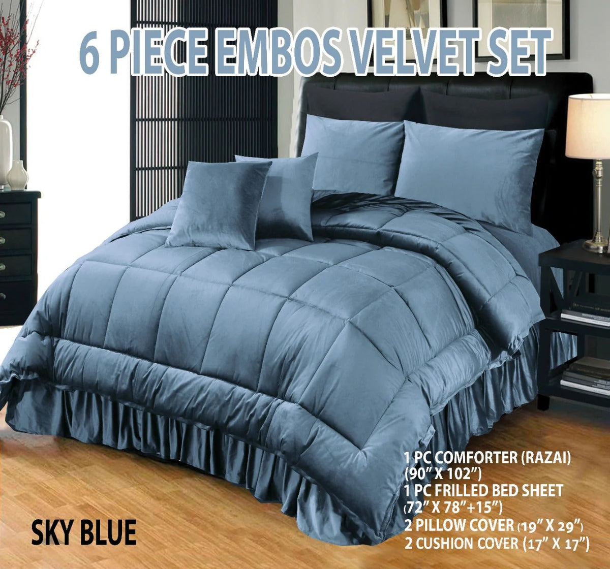 Wedding Embossed Velvet Frill Duvet, 6 Pieces (Razai)-  Sky Blue